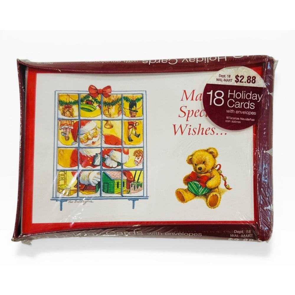 Vintage Walmart 18 Holiday Cards Envelopes Santa Toy Shop Special Wishes Box